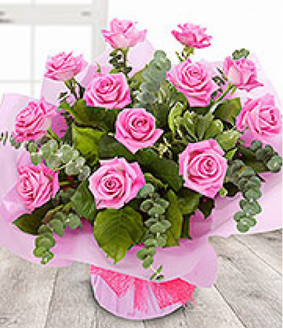 One Dozen Pink Roses Aqua Bouquet