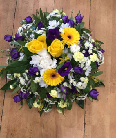 Yellow and purple posy arrangement