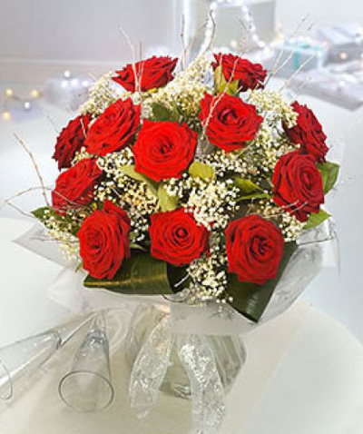 Romantic Dozen Red Roses Aqua Bouquet